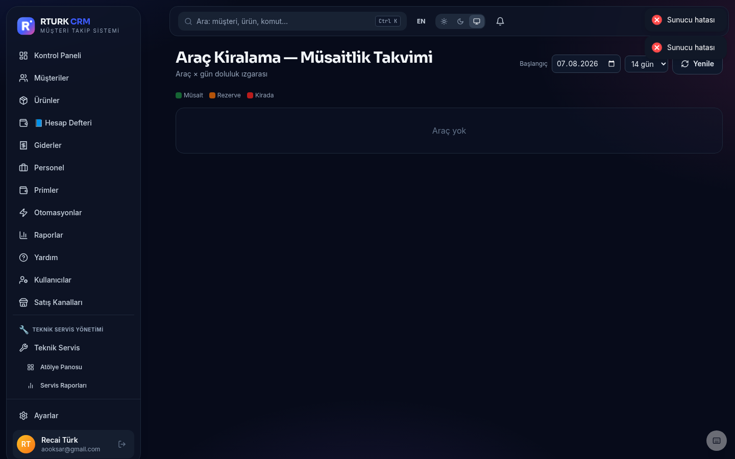Araç kiralama müsaitlik takvimi