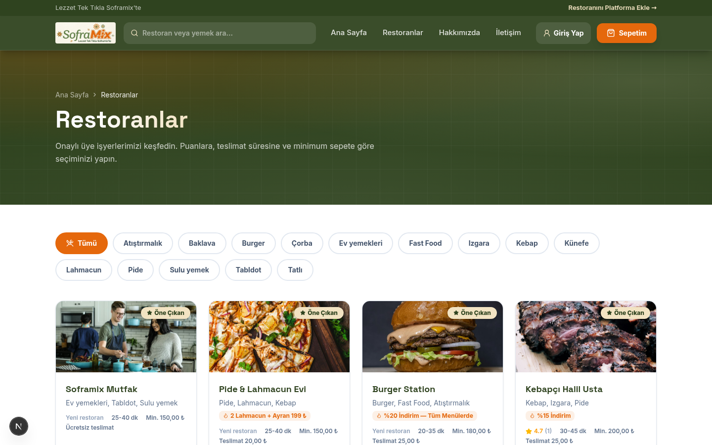 Restoranlar — Online Yemek Siparişi